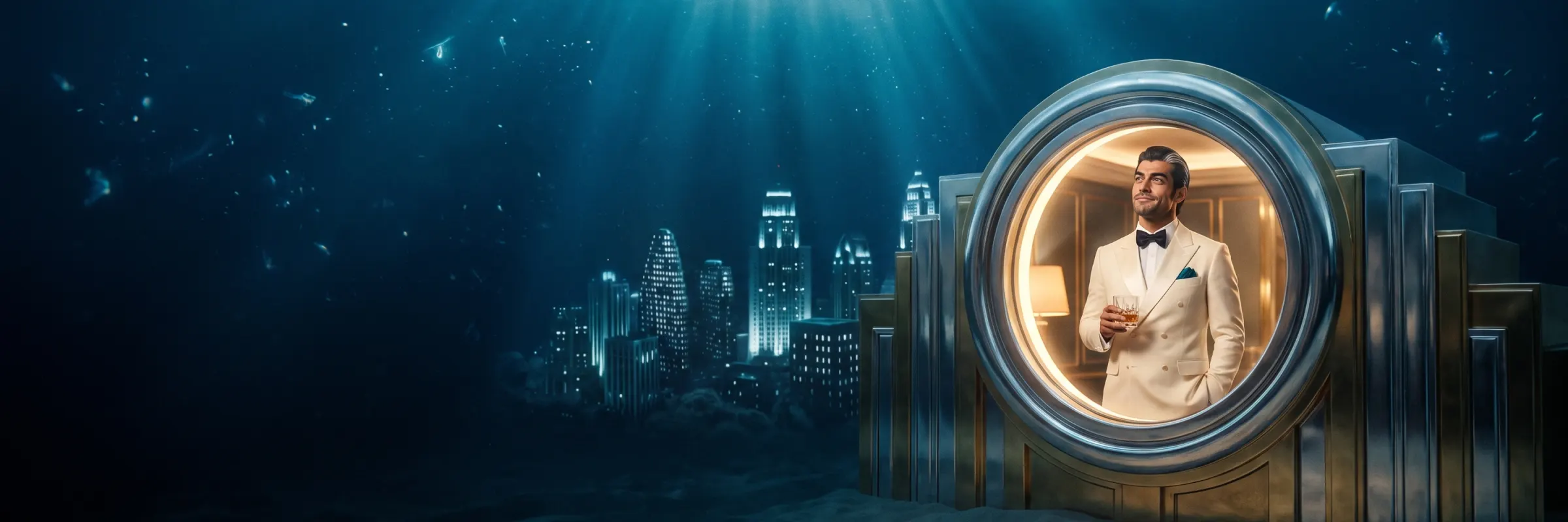 An art deco city of lit towers on the sea floor, seen through deep blue water
